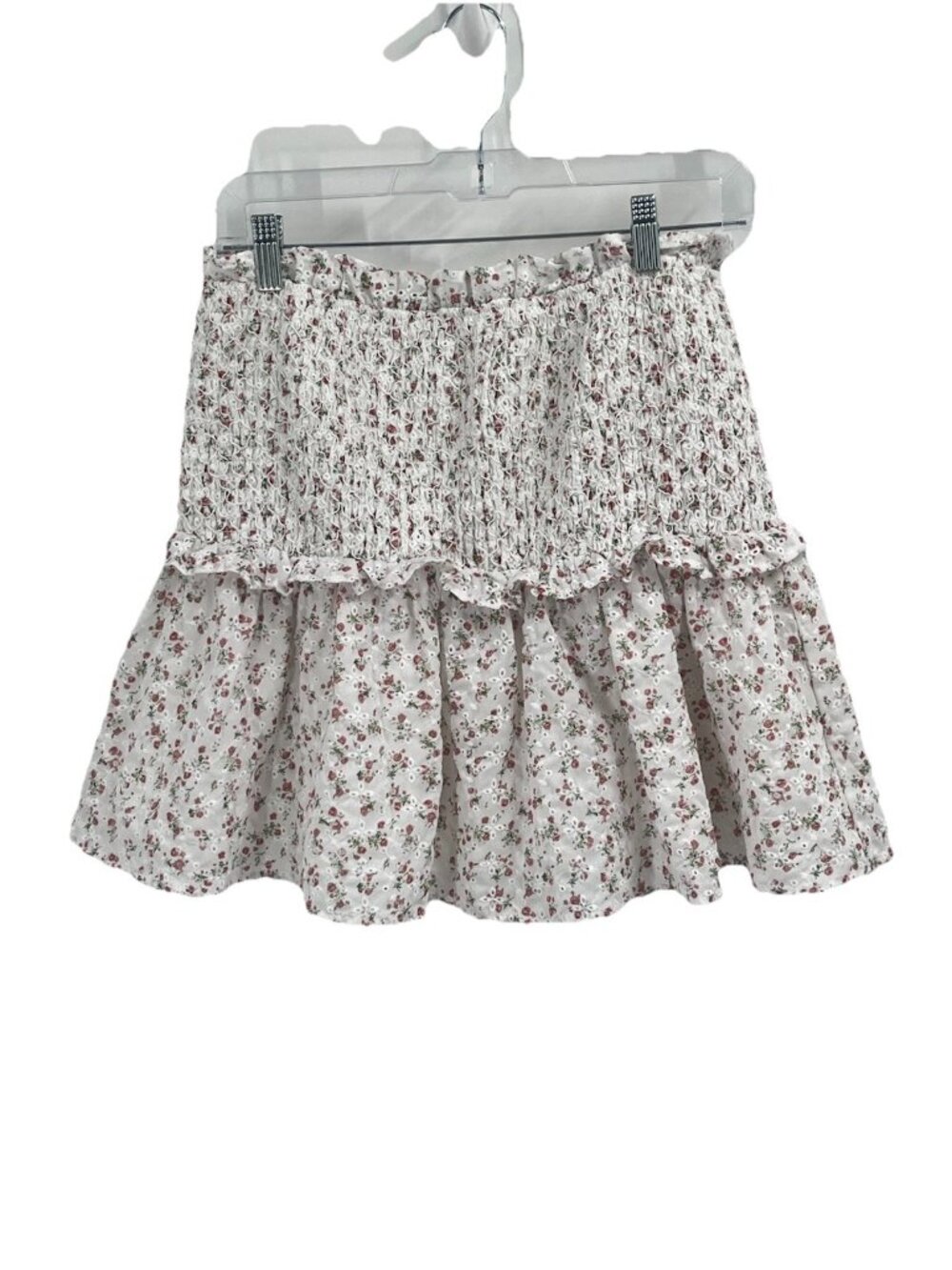Moodie Floral Smocked Ruffle Mini Skirt Sz M White Pink Cottagecore Prairie